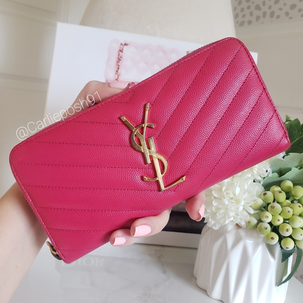 Authentic Pre-owned Yves Saint Laurent Grain De Poudre Zip Around Chevron Wallet - Picture 3 of 14
